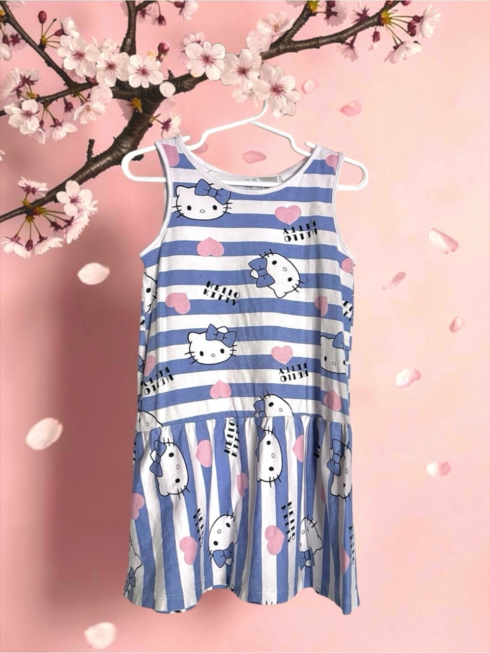 H&M x Hello Kitty Girls Dress Blue‑Pink Striped Sleeveless 5–6Y EUC